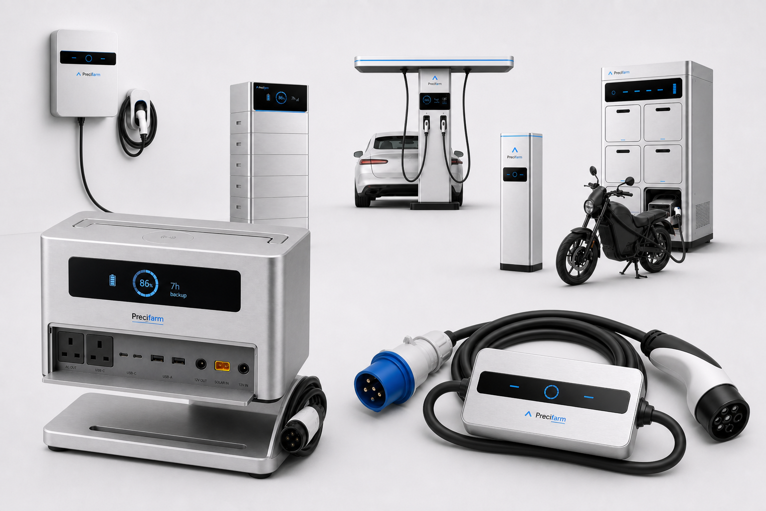 Precifarm charging family — Pulse, Spark, P1 Go, Pod, Corridor T-canopy, Depot, Boda Hub with e-motorbike and white EV