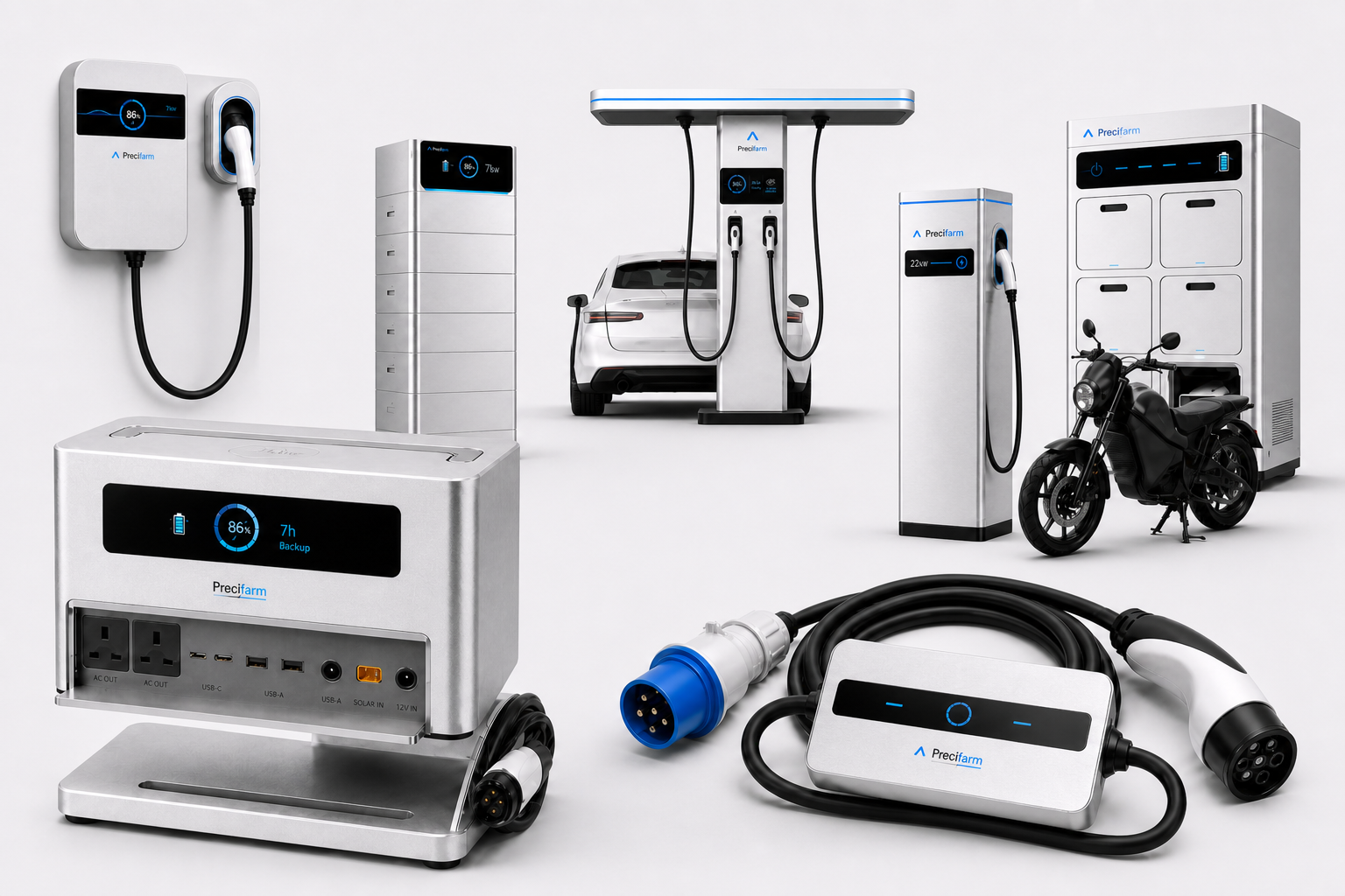 Precifarm charging family — Pulse, Spark, P1 Go, Pod, Corridor T-canopy, Depot, Boda Hub with e-motorbike and white EV