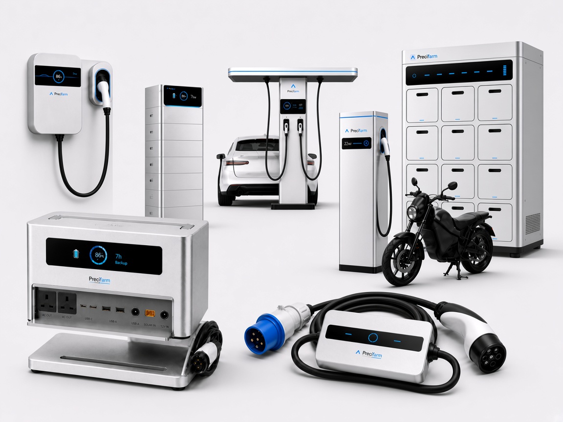 Precifarm charging family — Pulse, Spark, P1 Go, Pod, Corridor T-canopy, Depot, twelve-bay Boda Hub with e-motorbike and white EV