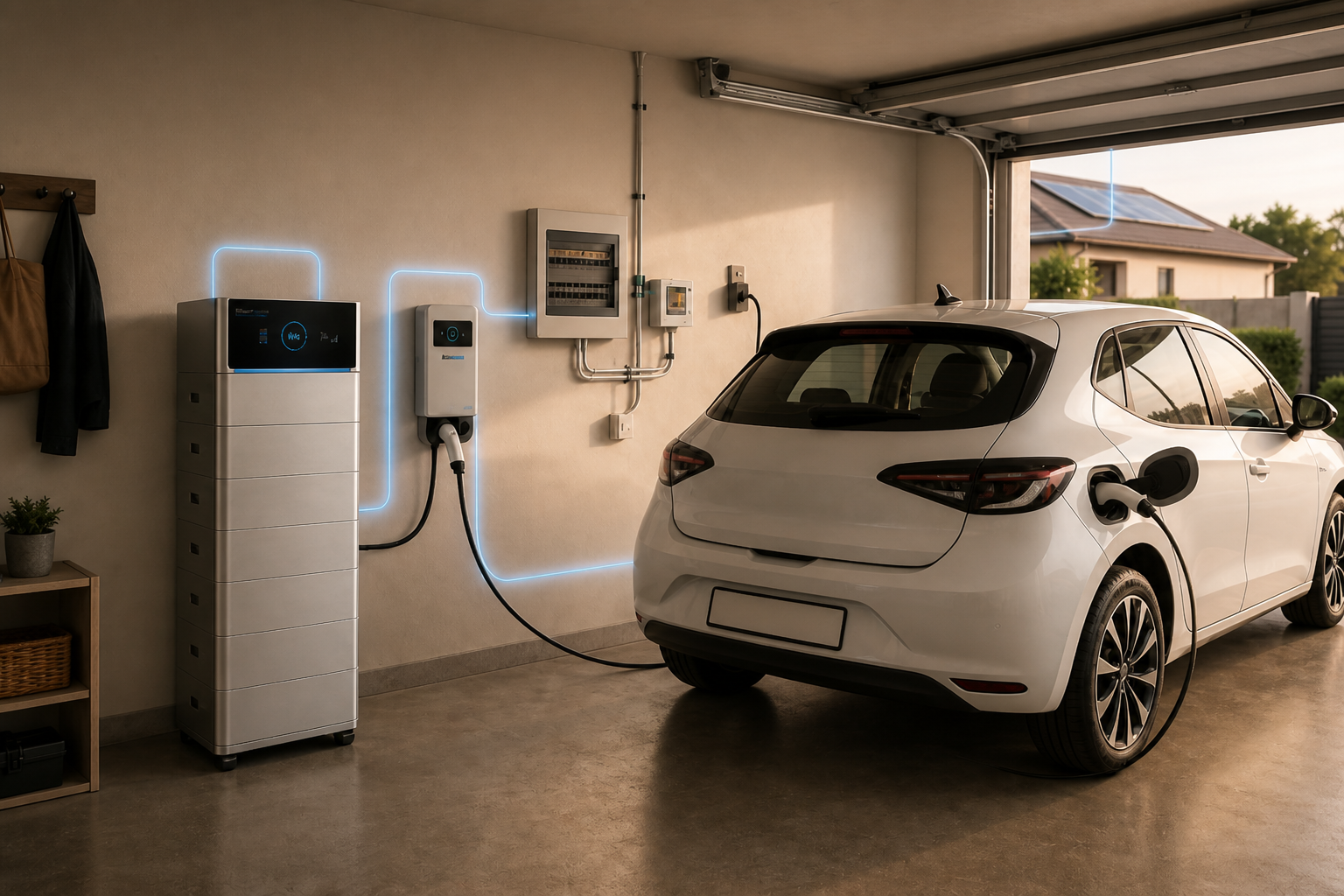 Precifarm Pod and Pulse in a Kenyan home garage — modular storage charging an EV with solar and grid backup