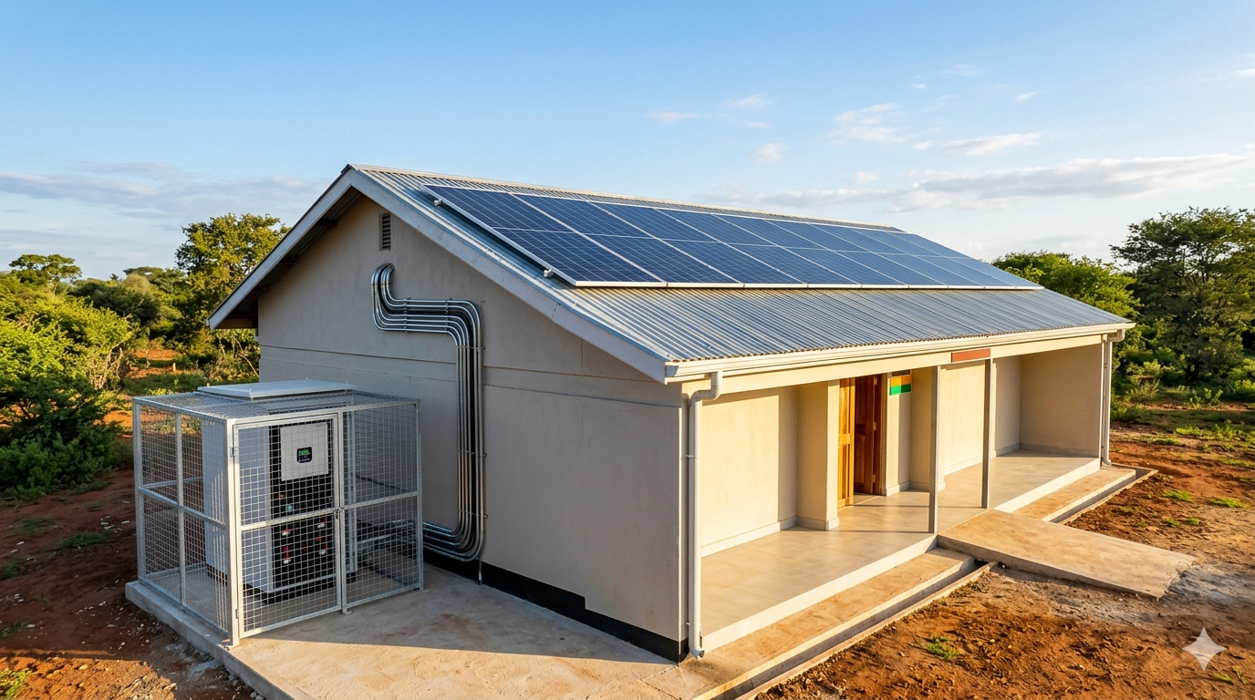 A Precifarm Commercial site with rooftop solar panels and a battery enclosure powering 24/7 operations with no downtime.
