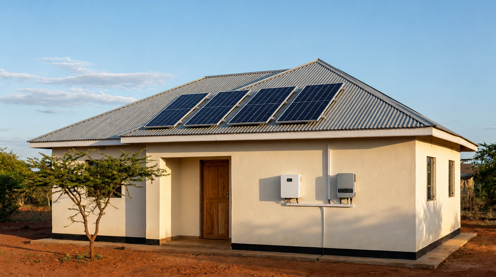 A Kenyan family home at golden hour with a 4-panel rooftop solar array and the Neura Pod inverter and battery wall-mounted under the eave.