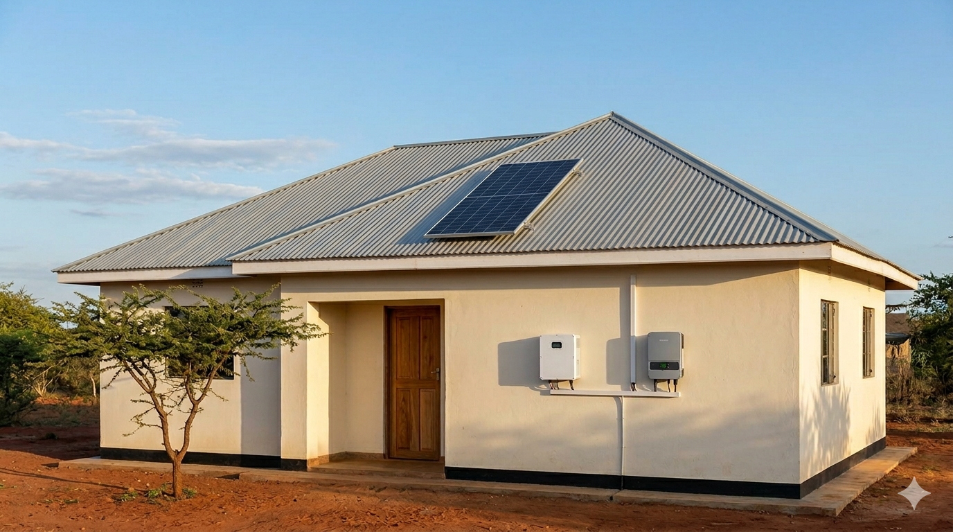 A Kenyan home at dusk with a single roof-mounted solar panel and a wall-mounted inverter.
