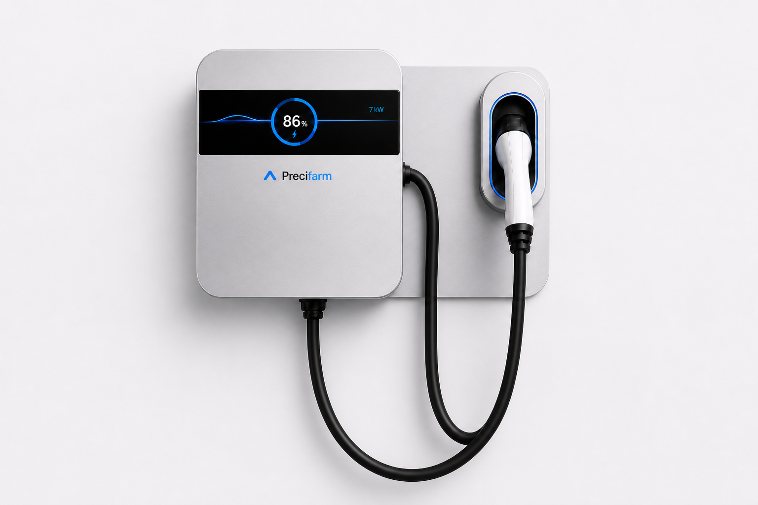 Precifarm Pulse 7 kW home wallbox — integrated Type 2 cable and holster on one unit