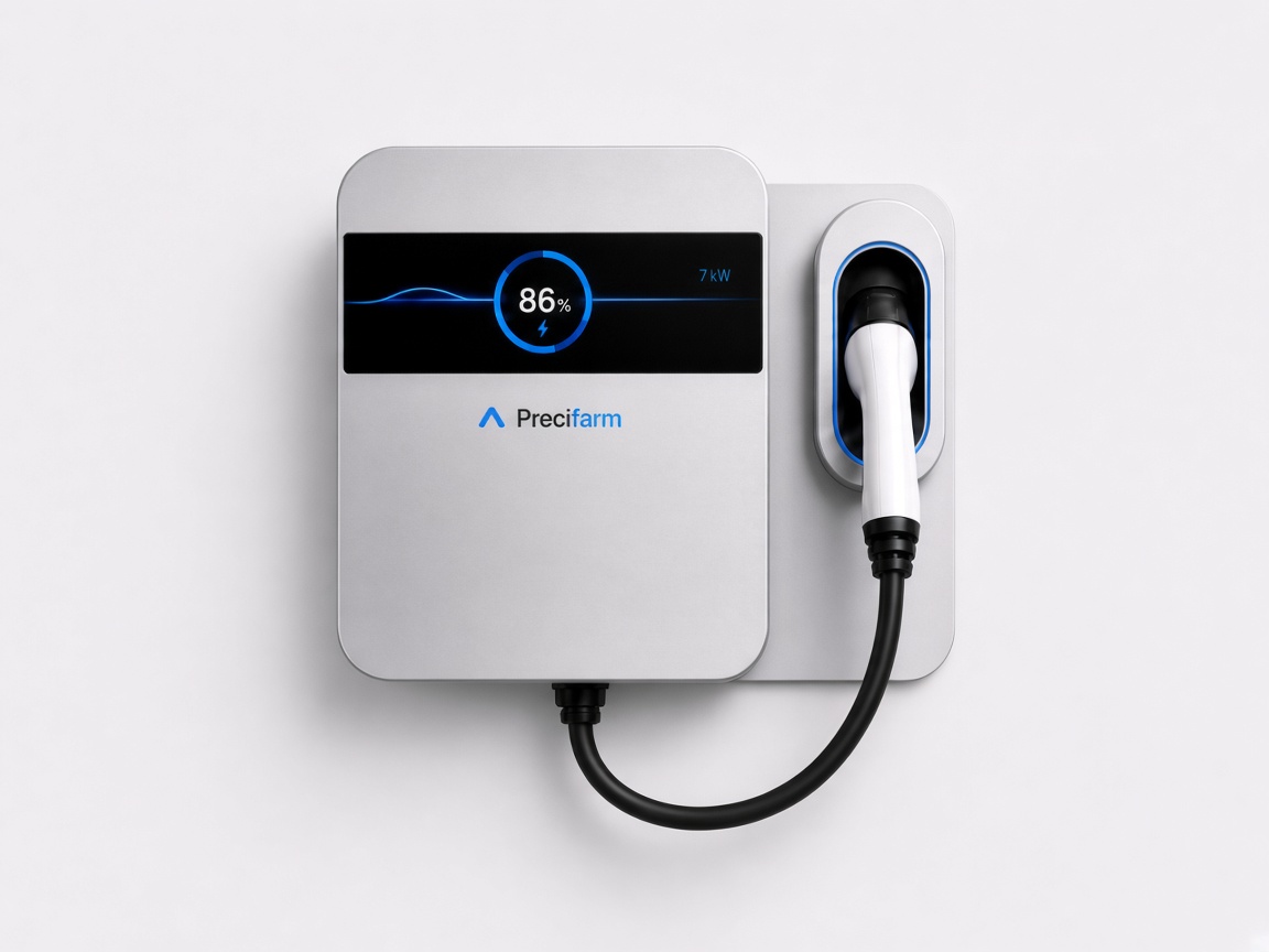 Precifarm Pulse 7 kW home wallbox — Type 2 cable from the body into an attached holster